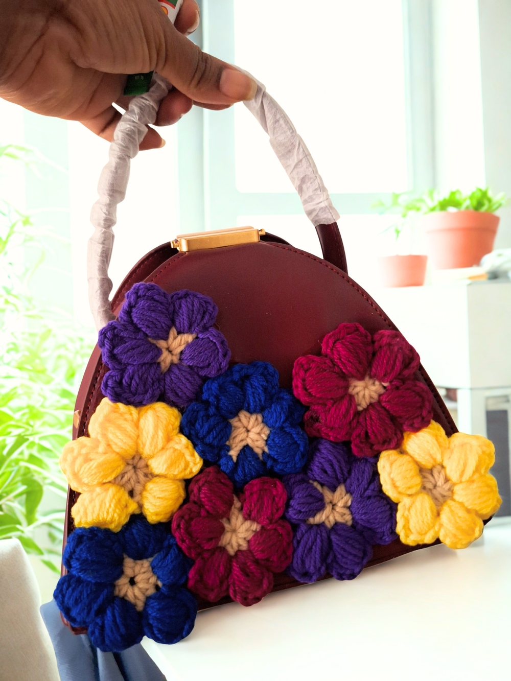Women's Burgundy Handbag with Colorful Crochet Flowers